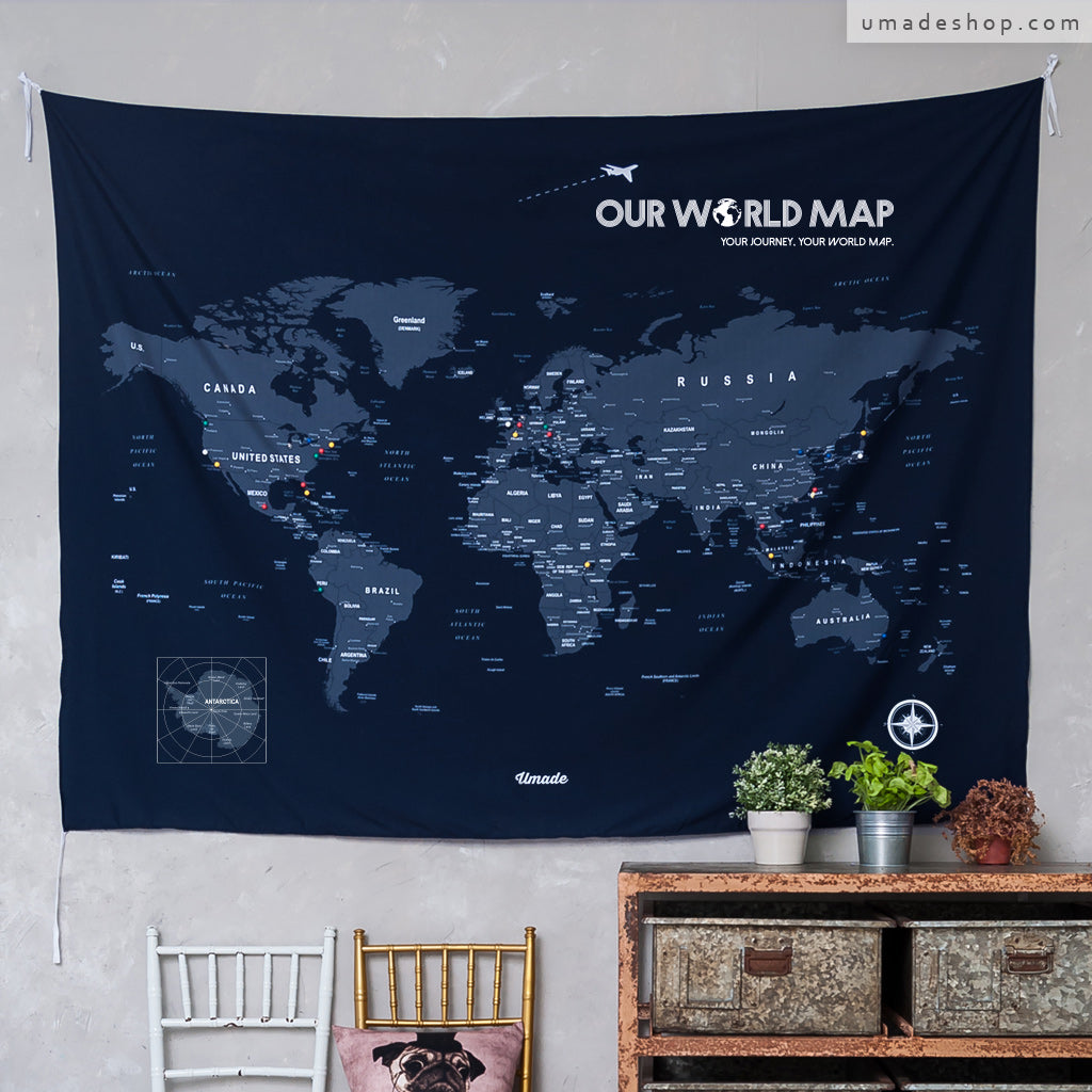 umade-umap-訂製世界地圖(壁幔/布)-海軍藍色-客製化世界地圖,環遊世界必備