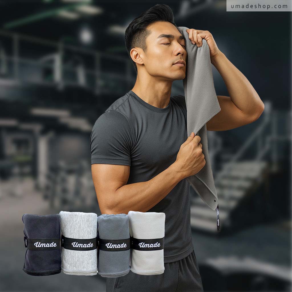 umade-萬用運動毛巾/萬用快乾巾/旅行毛巾,男性以毛巾擦拭臉部,搭配四色毛巾組