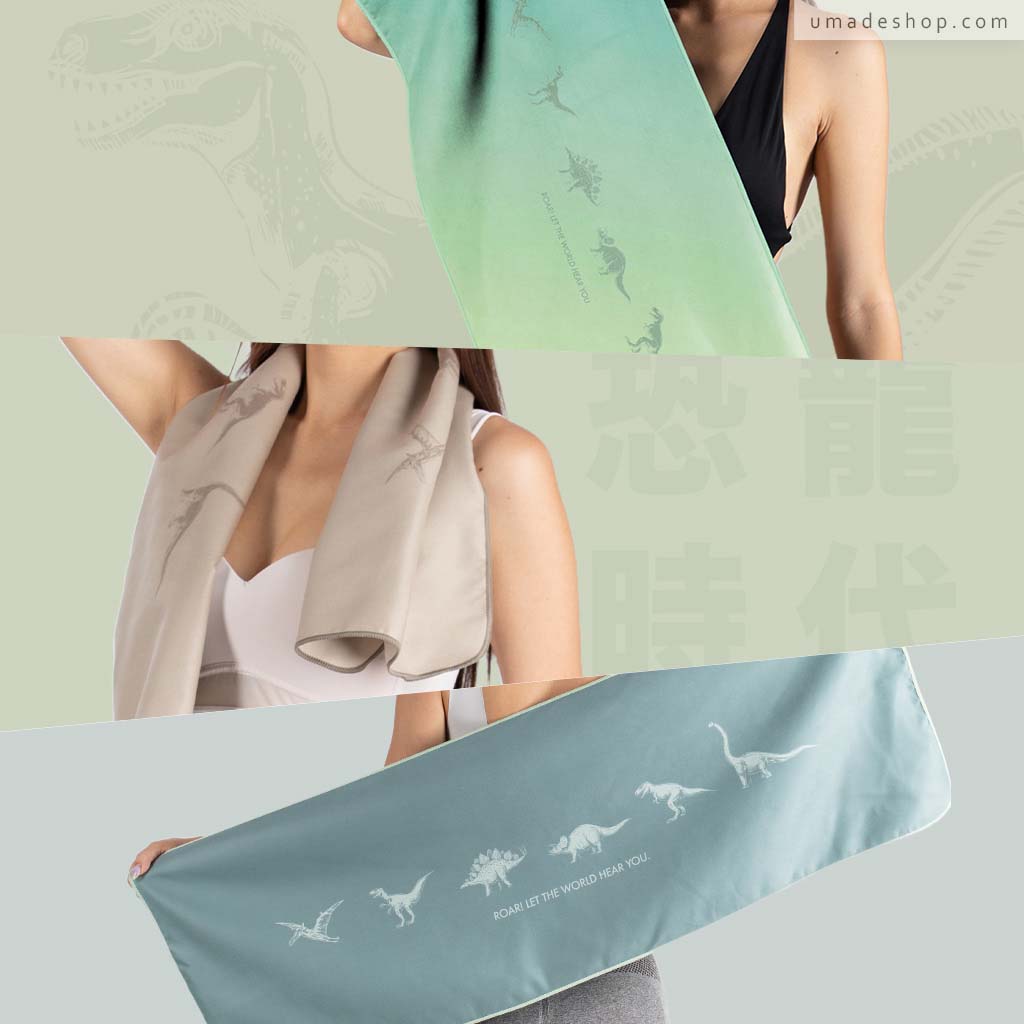 umade-萬用快乾毛巾s號-恐龍系列三色手機版無字版展示,長度達100公分,可鋪墊在健身器材椅墊上,適合喜愛健身的朋友使用。