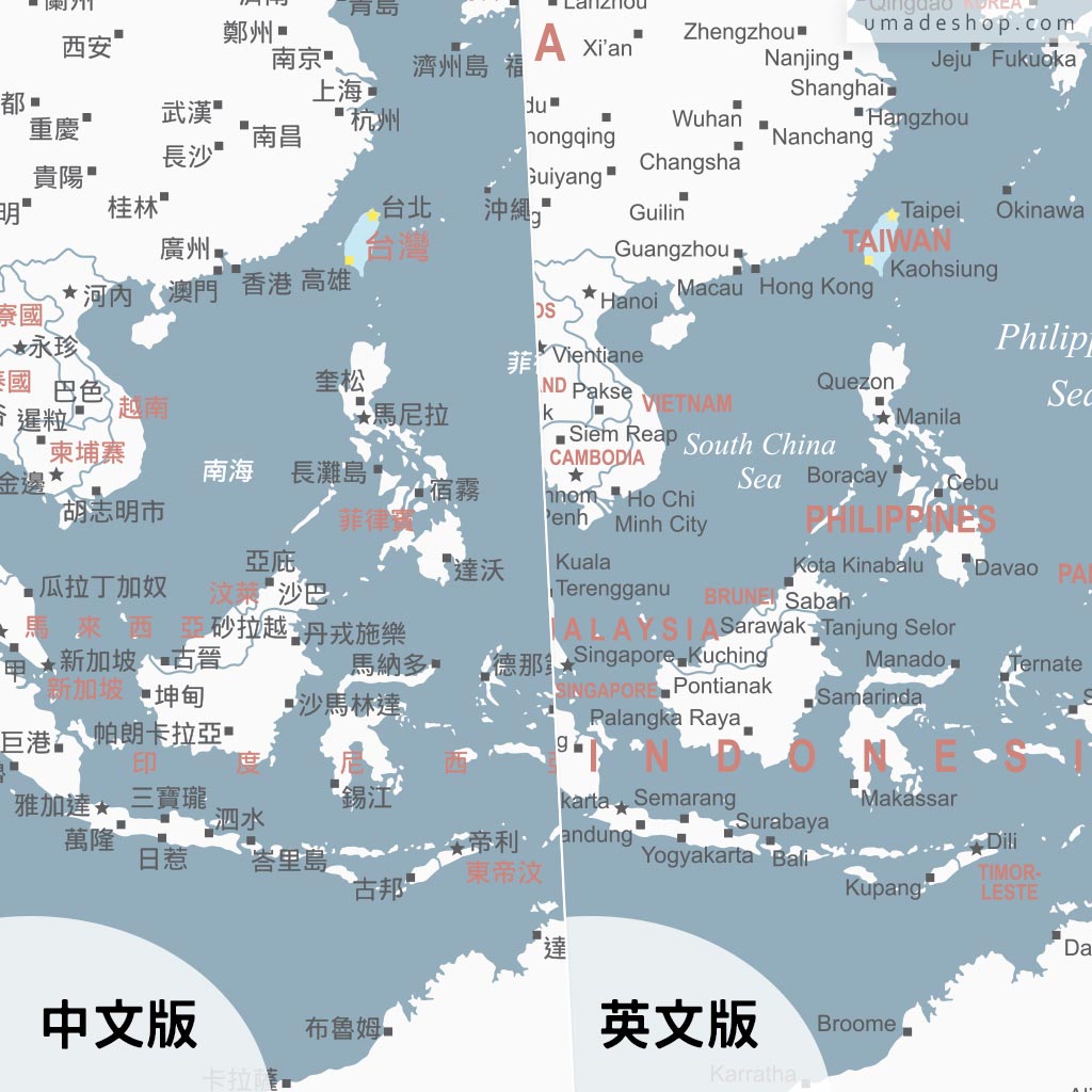 UMap。世界地圖World Map-月白灰 Bluish Gray (實木框海報系列)