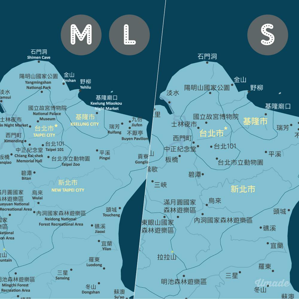 umade-umap-訂製台灣地圖(壁幔/布)-峰礦藍色-台灣地圖近照尺寸比較圖