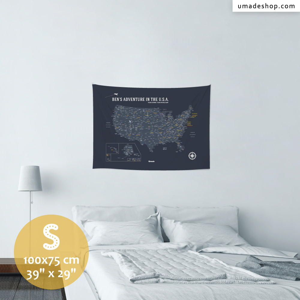 umade-umap-訂製美國地圖(壁幔/布)-太空灰色-地圖尺寸寸模擬示意圖-S號,小巧精緻的佈置