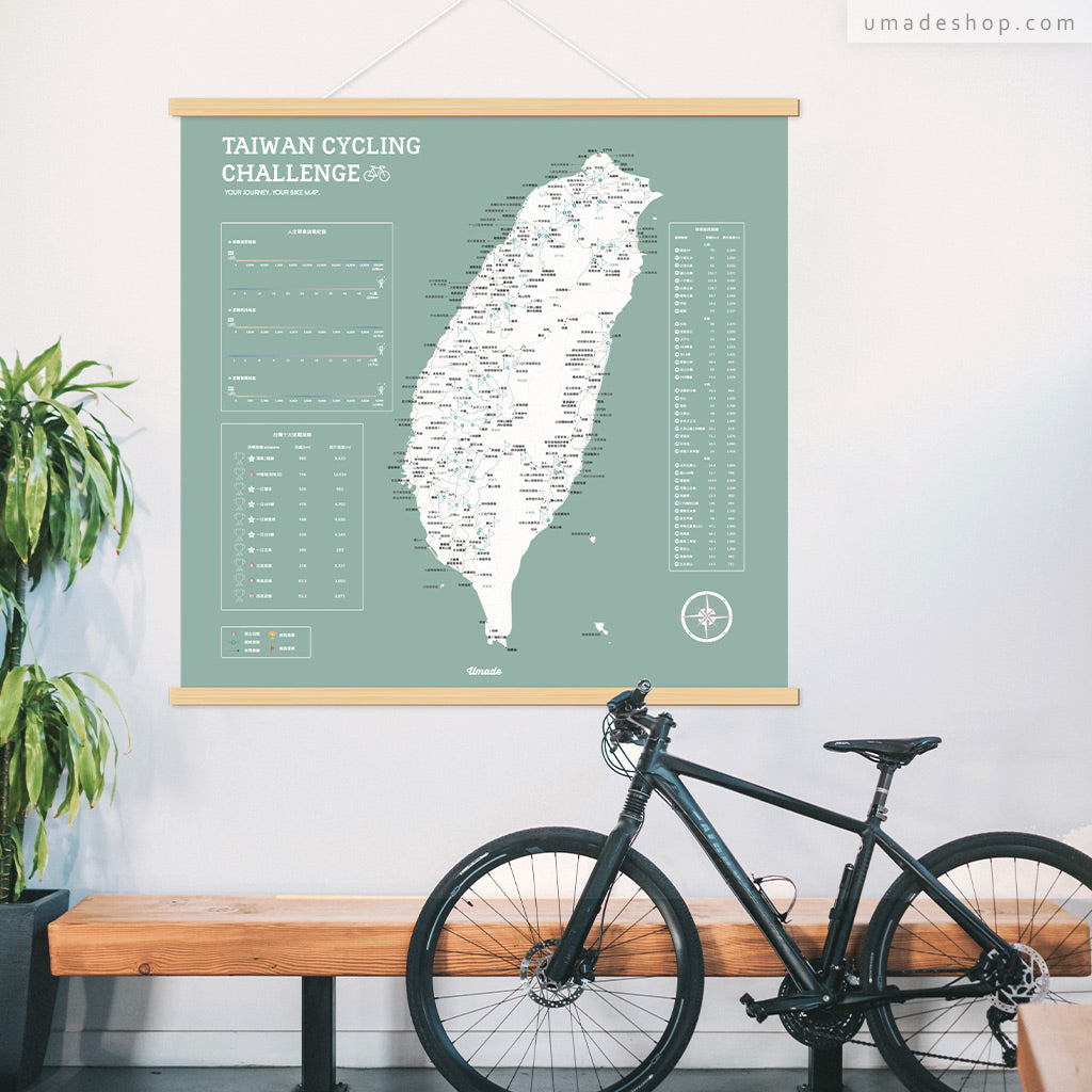 umade-umap-訂製台灣單車地圖(實木框海報)-迷霧綠色-戶外陽台空間佈置,自行車搭配單車地圖