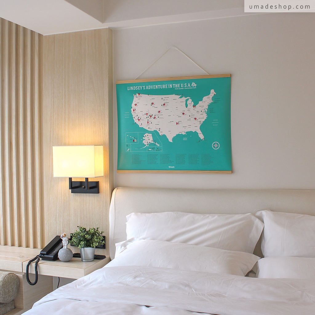 umade-umap-美國國家公園插旗訂製地圖(實木框海報系列)-湖水綠色-臥室佈置idea,只需一面牆和地圖,就能改造整理房間