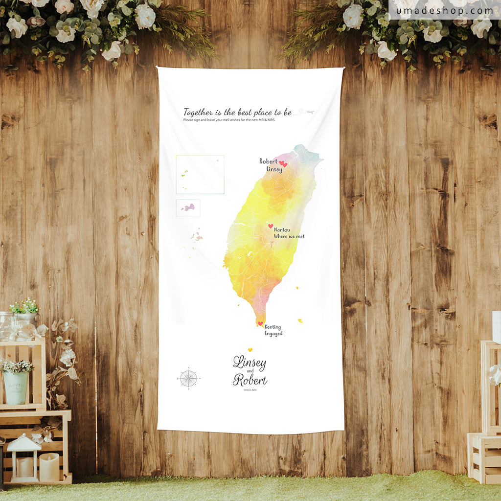 umade-umap-訂製世界地圖簽名綢(壁幔/布)-夕陽柔黃色-美式鄉村風婚禮佈置風格