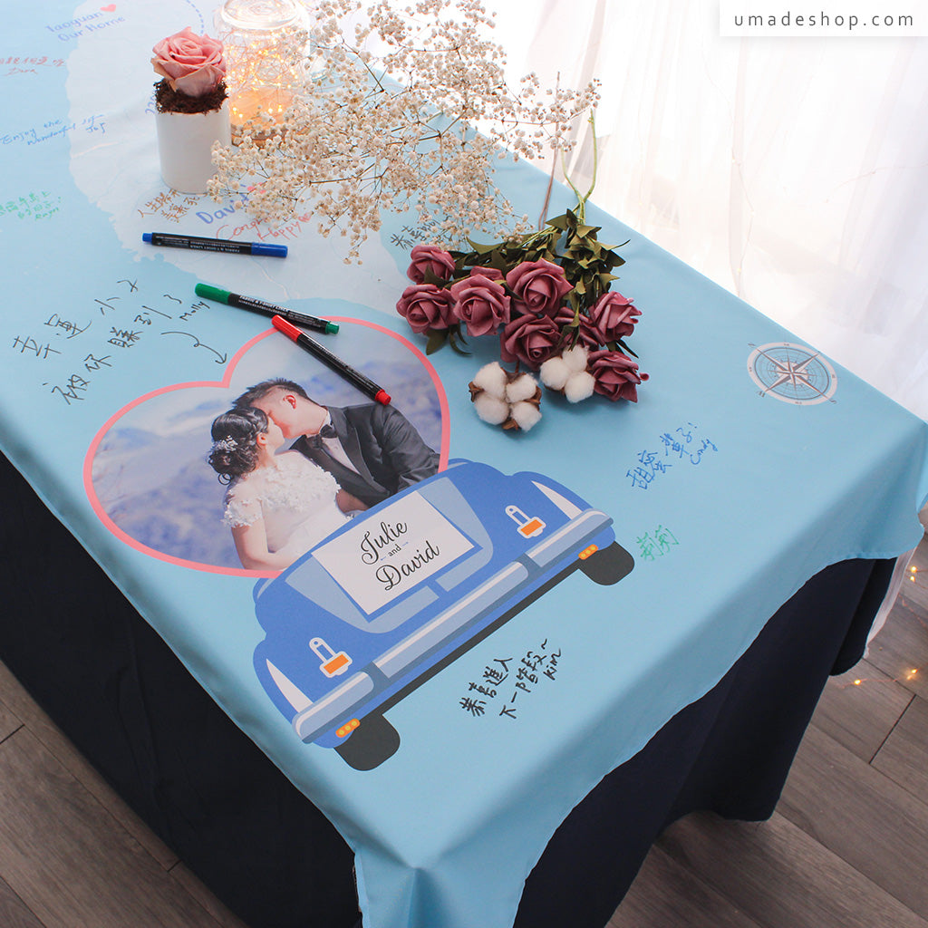 umade-umap-訂製世界地圖簽名綢(壁幔/布)-一起啟程照片款-天空藍色-用超美婚紗照訂製留言布幔