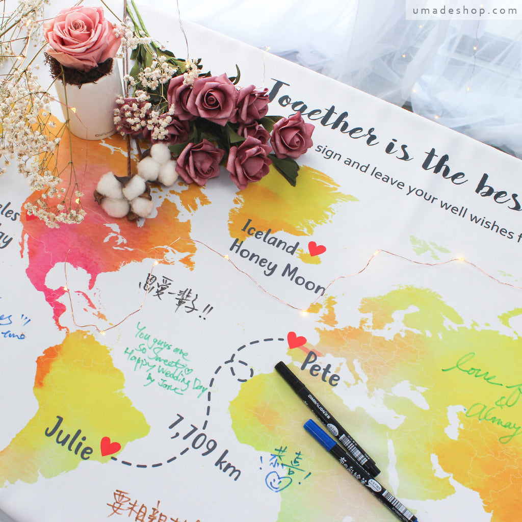 umade-umap-訂製世界地圖簽名綢(壁幔/布)-夕陽柔黃色-用你們遠距離的戀愛故事佈置婚禮