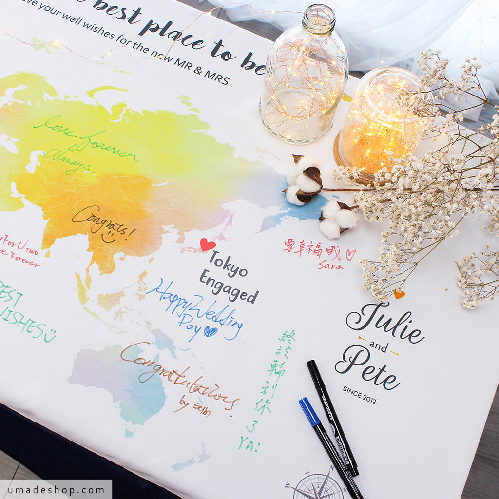 umade-umap-訂製世界地圖簽名綢(壁幔/布)-夕陽柔黃色-婚禮簽到處佈置靈感