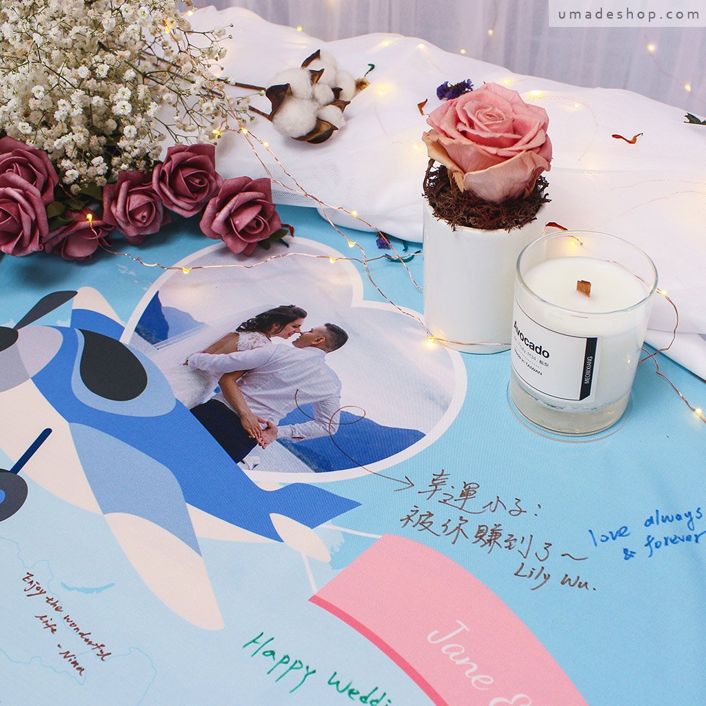 umade-客製化婚禮地圖簽名綢-天空藍-加上美美婚紗照訂製你的專屬簽名地圖