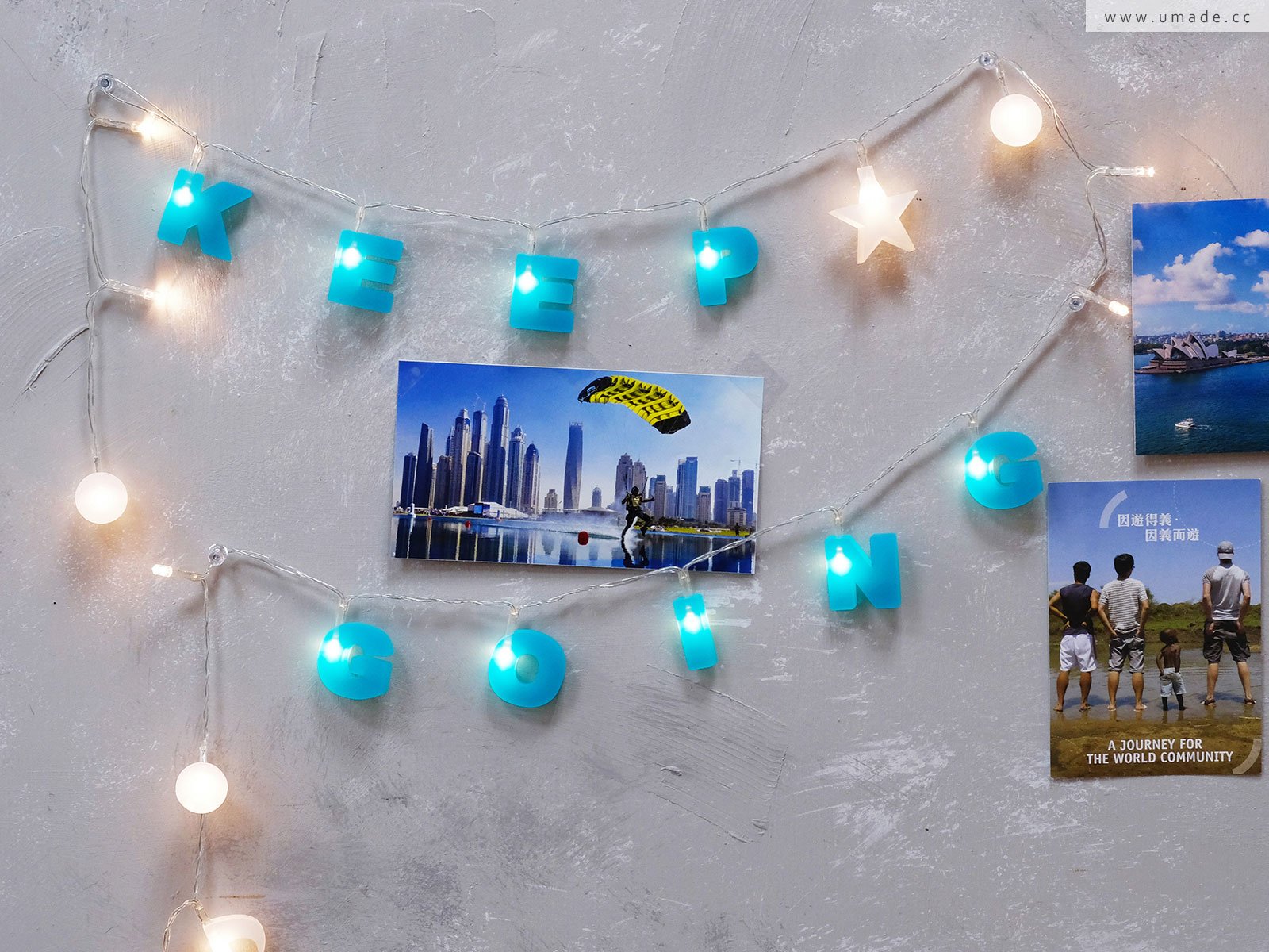 umade-KEEP-GOING字母組合燈串-土耳其藍色-相片牆面佈置裝飾靈感