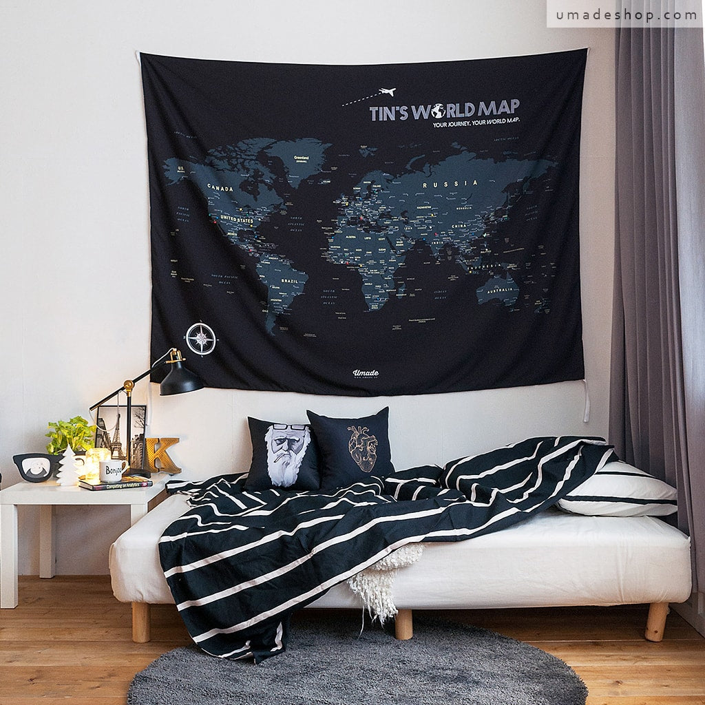 umade-umap-訂製世界地圖(壁幔/布)-星空黑色-臥室單人床佈置,記錄你想去的國家城市景點