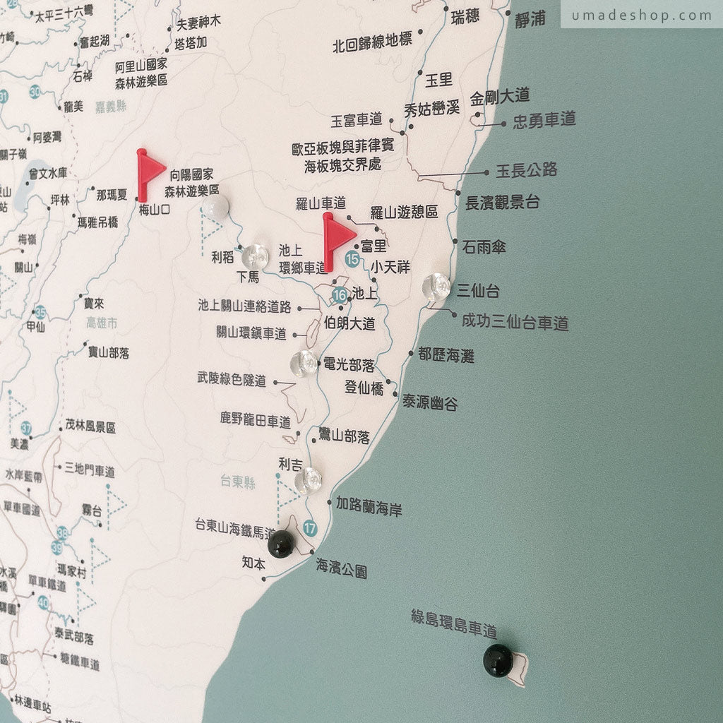 umade-umap-訂製台灣單車地圖(實木框海報)-迷霧綠色-標記旅行騎乘過的地點,紀錄美好回憶