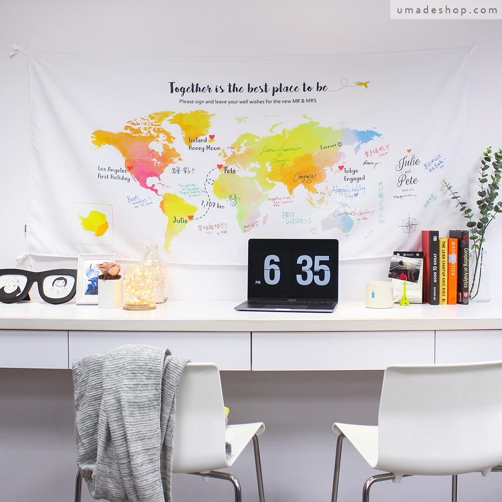 umade-umap-訂製世界地圖簽名綢(壁幔/布)-夕陽柔黃色-兼具創意與質感的婚禮&居家佈置單品,紀錄一生一次的婚禮回憶
