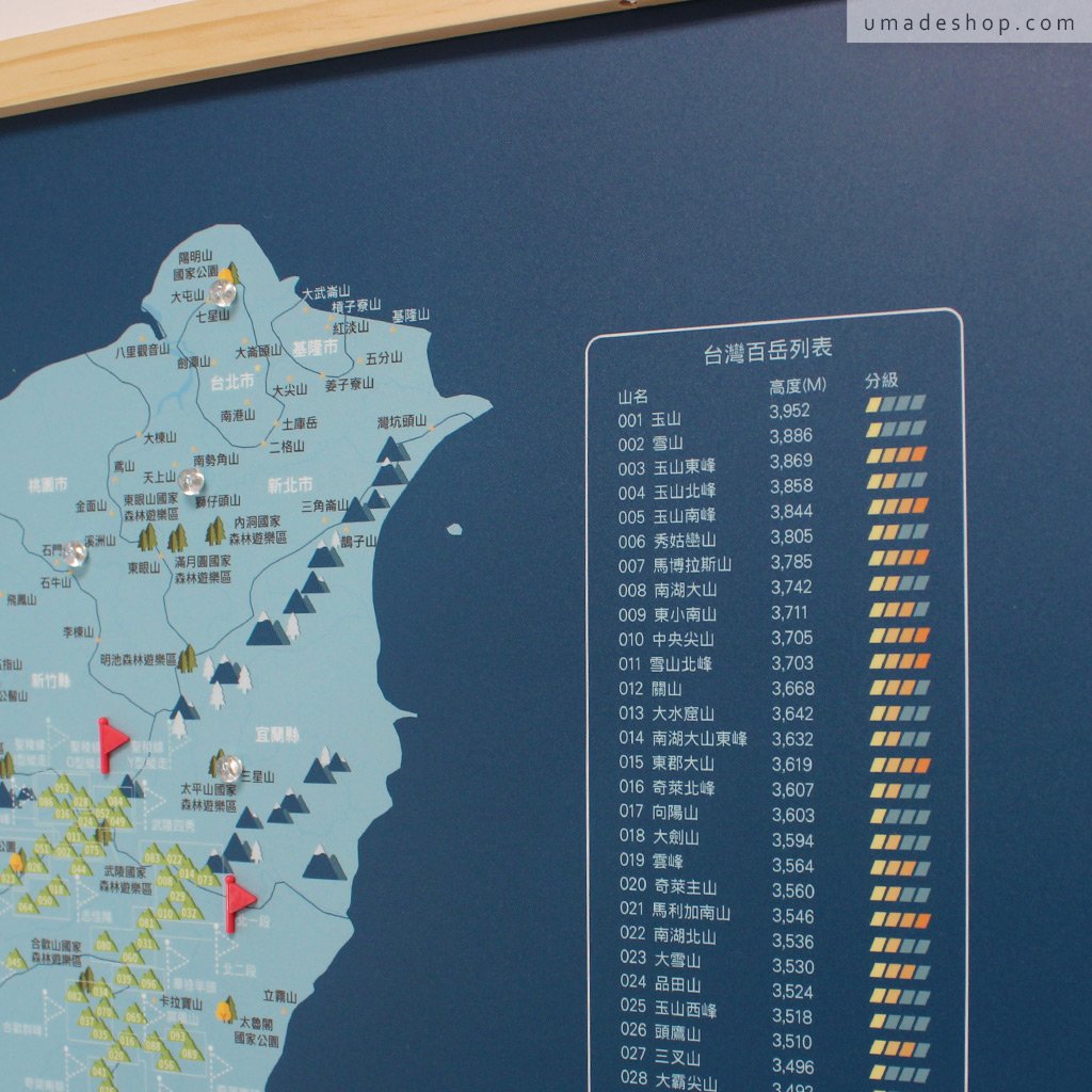 umade-umap-訂製台灣百岳地圖(實木框海報)-峰礦藍色-標記、研究想去的大劍山、向陽山登山路線