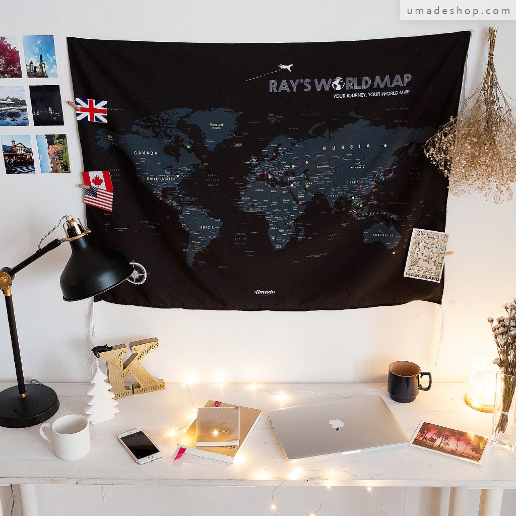 umade-umap-訂製世界地圖(壁幔/布)-星空黑色-桌面整理裝飾方法,照片牆掛布搭配