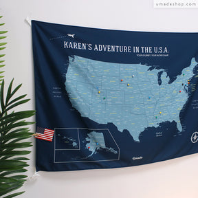 umade-umap-訂製美國地圖(壁幔/布)-隊長藍色-美國旅行送禮必備，美國景點和名勝古蹟都在上面，適合旅行控收藏