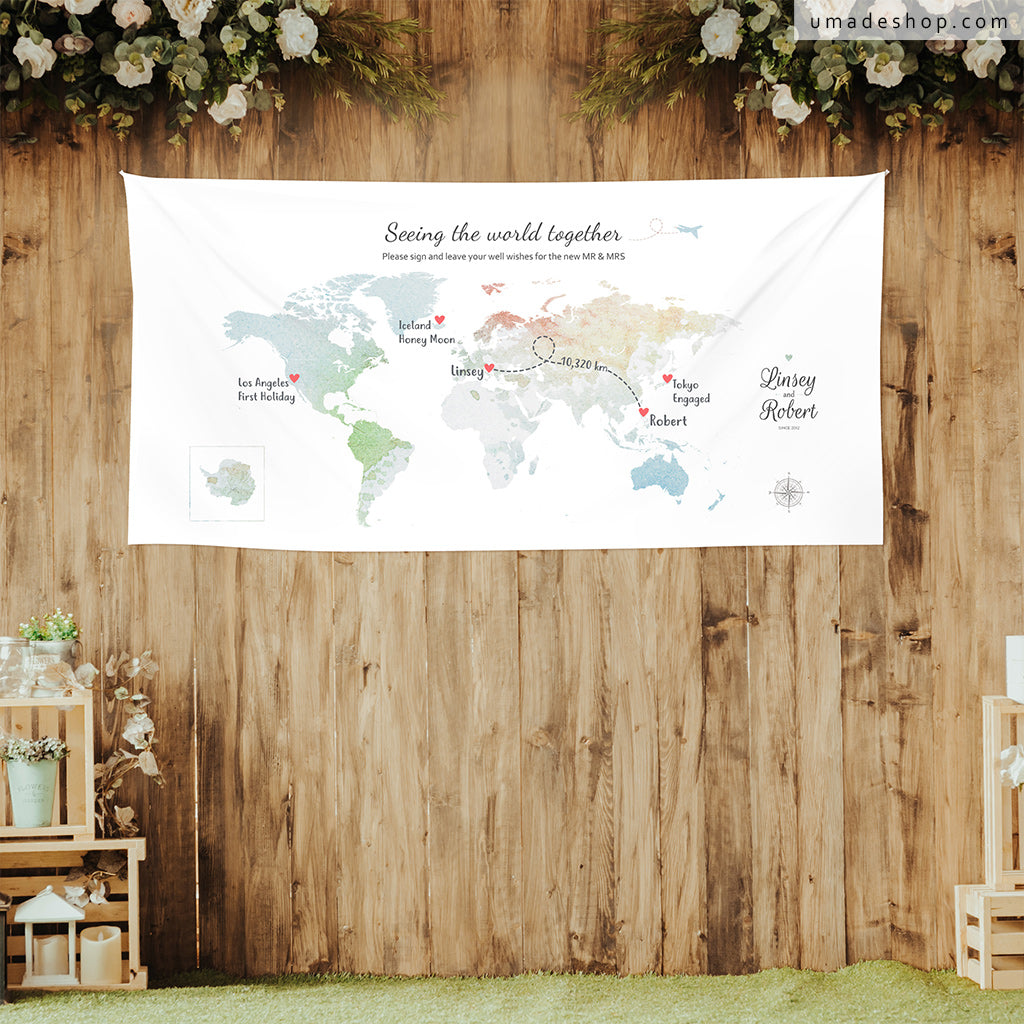 umade-umap-訂製世界地圖簽名綢(壁幔/布)-森林大地綠色-小清新風格婚禮佈置