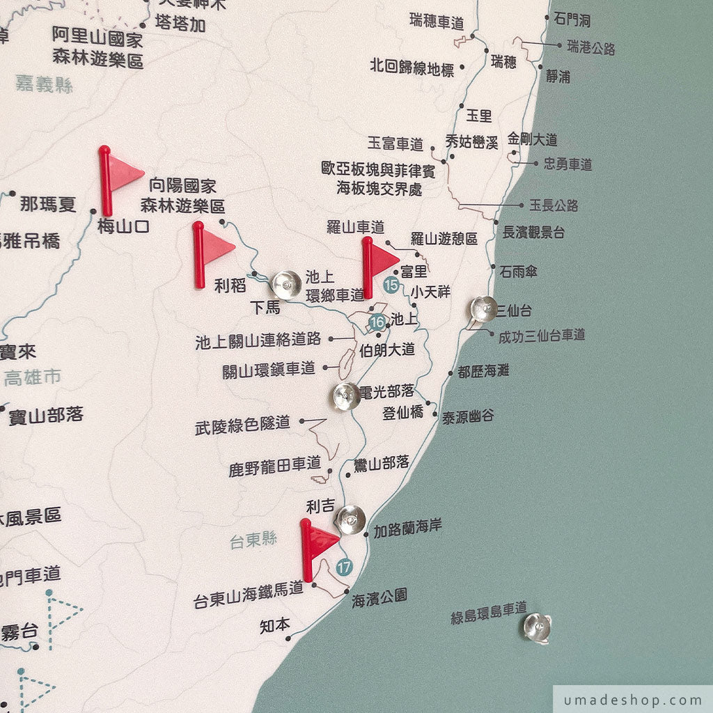 umade-umap-訂製台灣單車地圖(實木框海報)-迷霧綠色-台灣單車地圖近照,標註單車之旅回憶