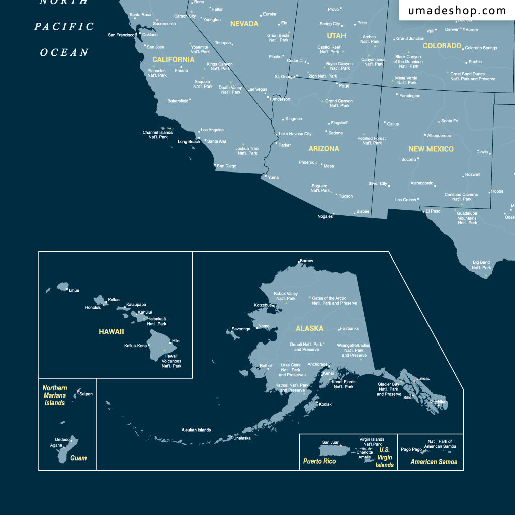 umade-umap-訂製美國地圖(壁幔/布)-隊長藍色-美國旅行必備單品，多個美國景點和名勝古蹟地點，愛旅行必收藏