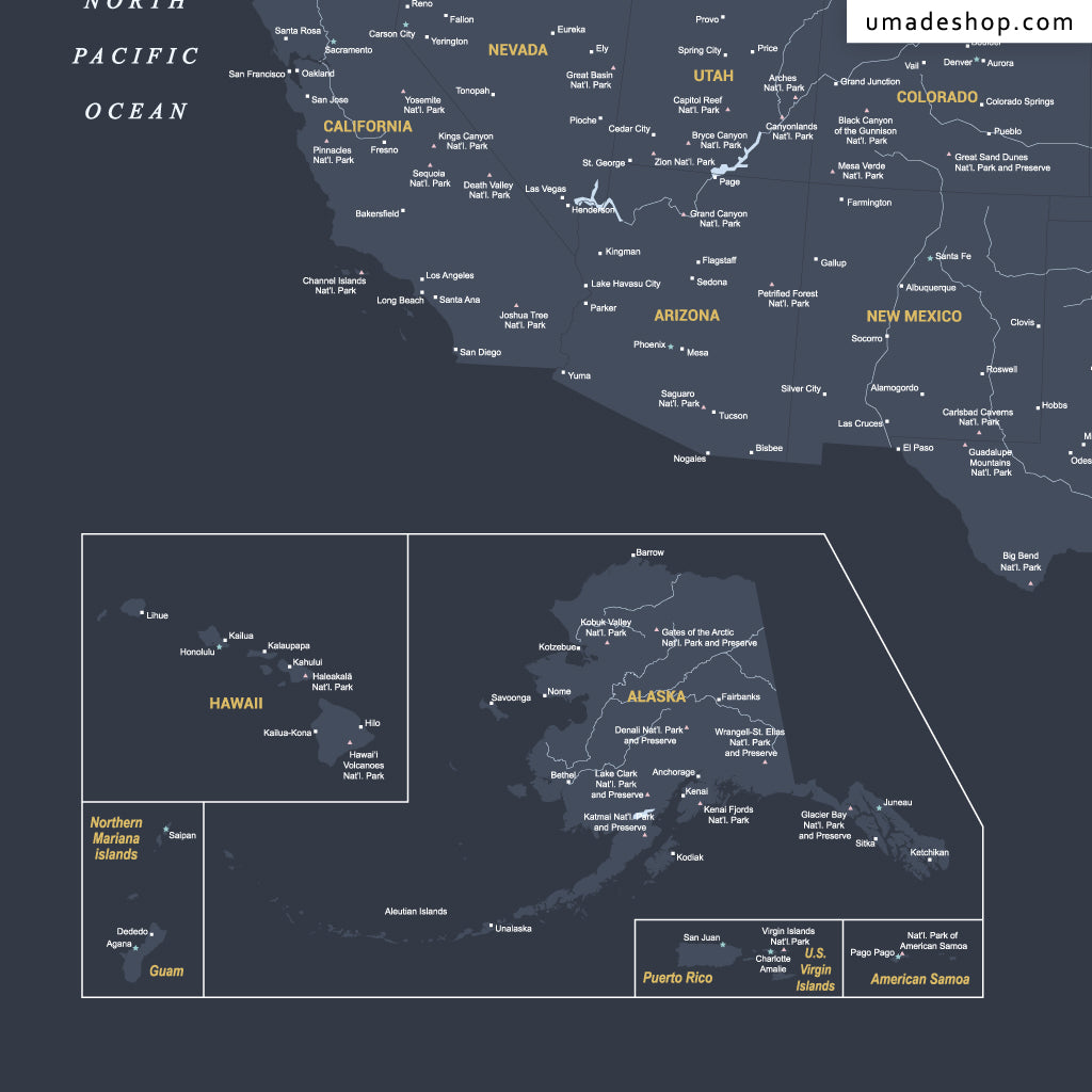 umade-umap-訂製美國地圖(壁幔/布)-太空灰色-美國旅遊景膽推薦，美國打卡景點推薦，名勝古蹟，地理位置全都有