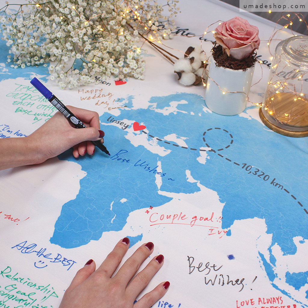 umade-umap-訂製世界地圖簽名綢(壁幔/布)-玻璃海藍色-專屬遠距情侶的距離航線