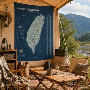 Umade客製化台灣百岳地圖壁幔掛在露營帳篷中，搭配戶外山景與露營用品。