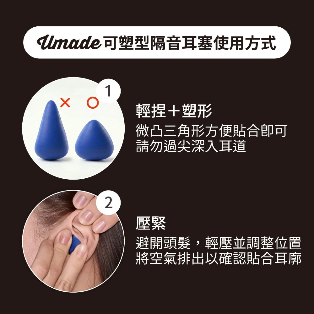Umade可塑型耳塞使用步驟說明圖，輕捏變軟、塑形成錐狀、放置外耳並壓緊服貼