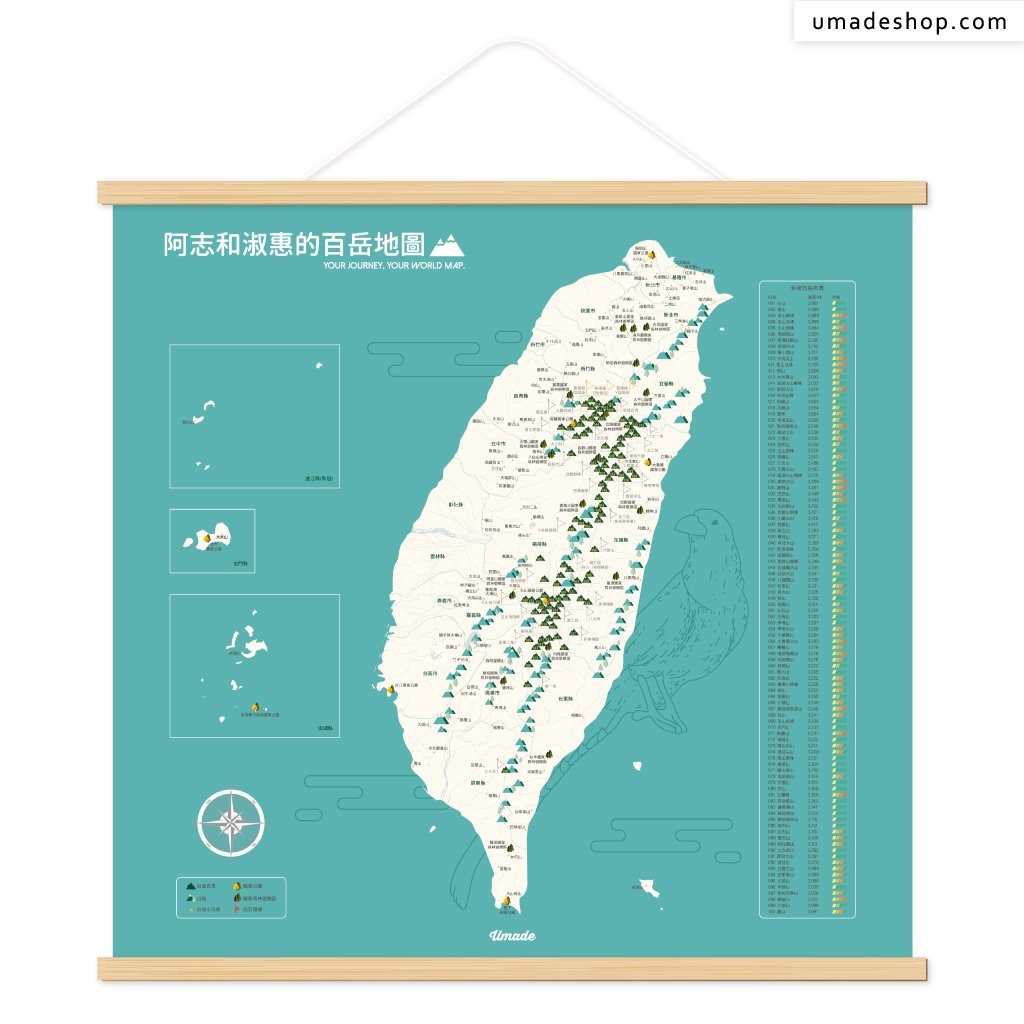 umade-umap-訂製台灣百岳地圖(實木框海報)-湖水綠色-台灣藍鵲佈置百岳海報，訂製名字和想說的話