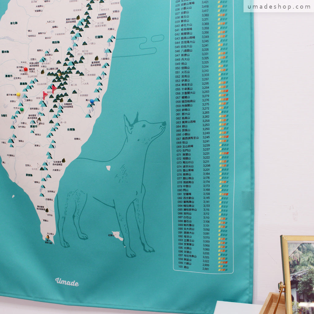 umade-umap-訂製台灣百岳地圖(壁幔/布)-湖水綠色-百岳高度與難度分級表，明確針對目標