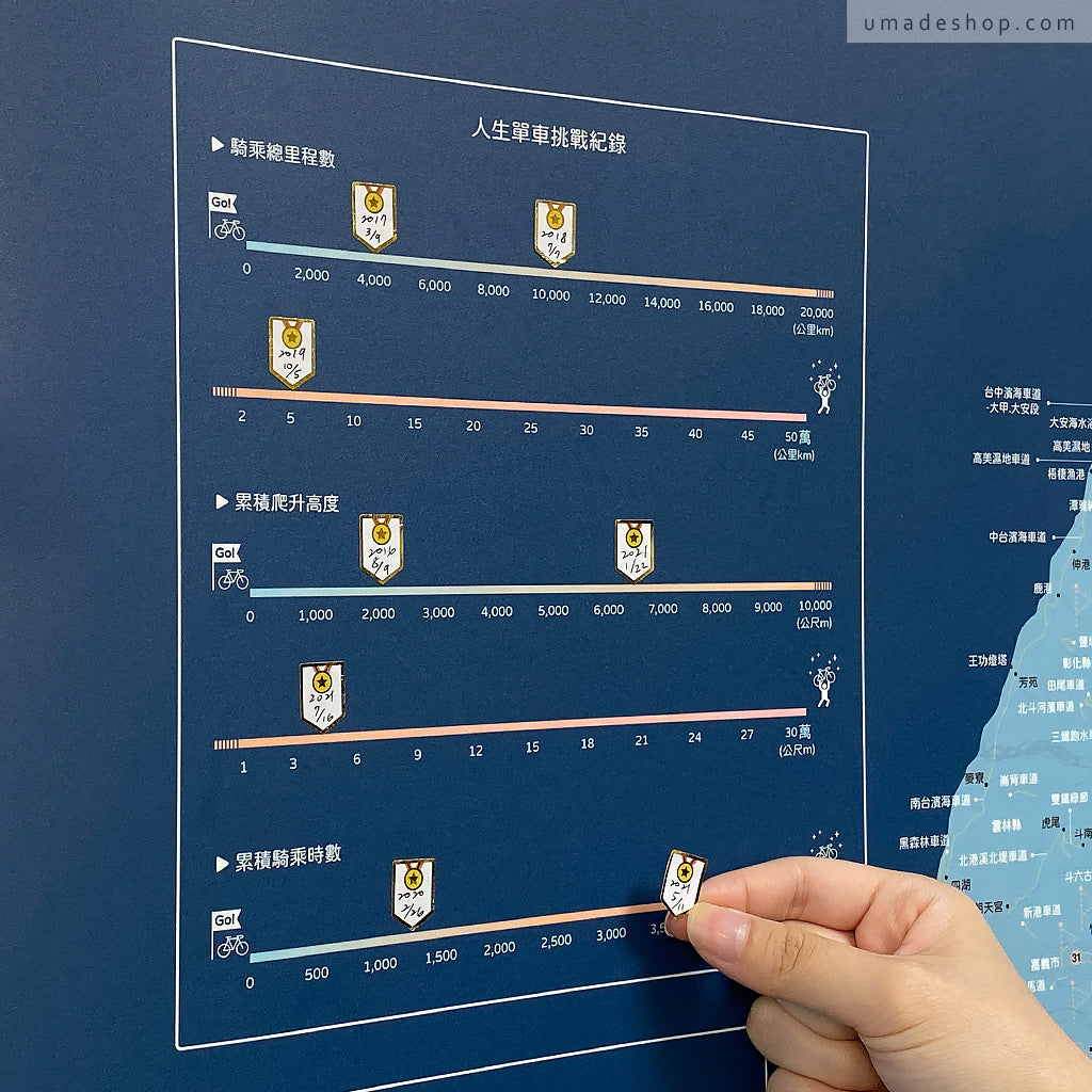 umade-umap-訂製台灣單車地圖(實木框海報)-峰礦藍色-專屬自己的人生單車挑戰紀錄表