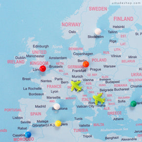umade-umap-訂製世界地圖(壁幔/布)-彩色水晶磁鐵地標-寶寶藍色-出國旅行精緻紀念，旅行人必備