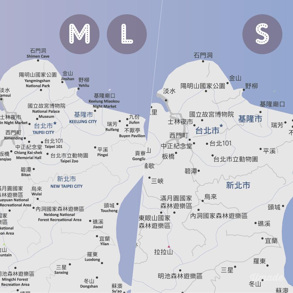 umade-umap-訂製台灣地圖(壁幔/布)-石英粉色-台灣地圖近照尺寸詳細比較圖