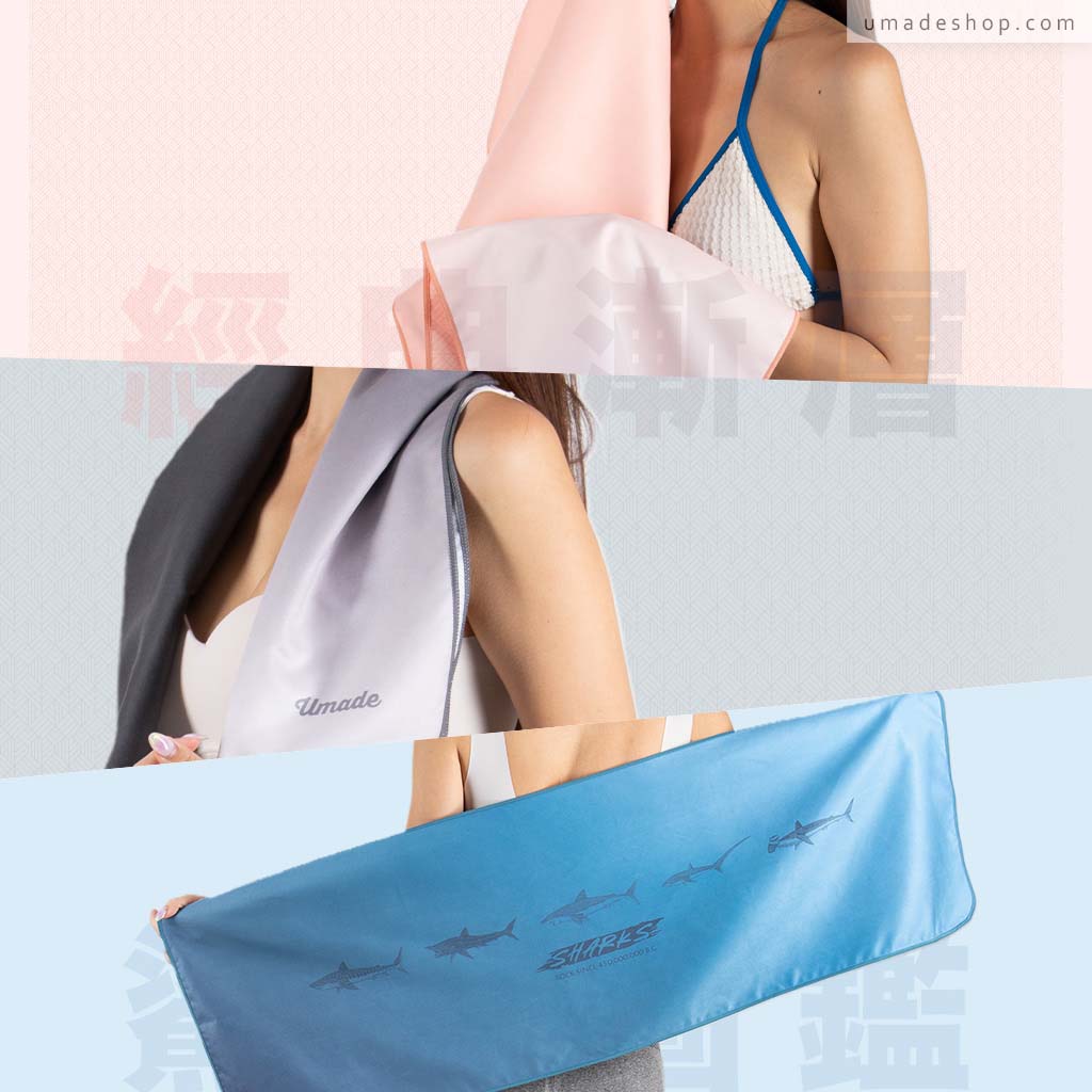 umade-萬用快乾毛巾s號-漸層系列與鯊魚展示手機無字版，長度達100公分，可鋪墊在健身器材椅墊上，適合喜愛健身的朋友使用。