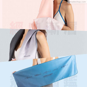 umade-萬用快乾毛巾s號-漸層系列與鯊魚展示手機無字版，長度達100公分，可鋪墊在健身器材椅墊上，適合喜愛健身的朋友使用。