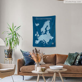 umade-umap-訂製歐洲地圖(壁幔/布)，普魯士藍款式，可掛於沙發上方，融合歐風居家風格與旅行紀念