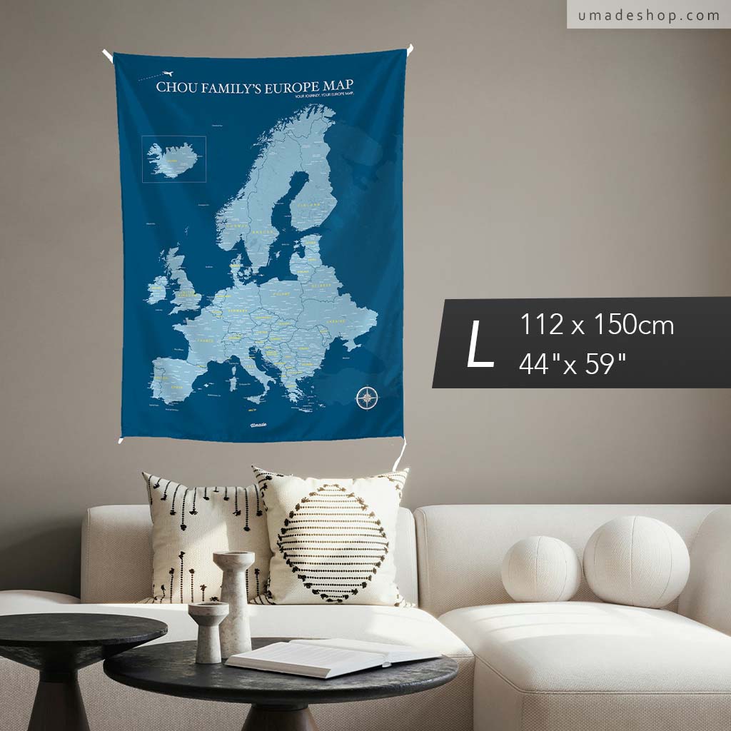 umade-umap-訂製歐洲地圖(壁幔/布)，Ｌ尺寸模擬在客廳沙發的大小