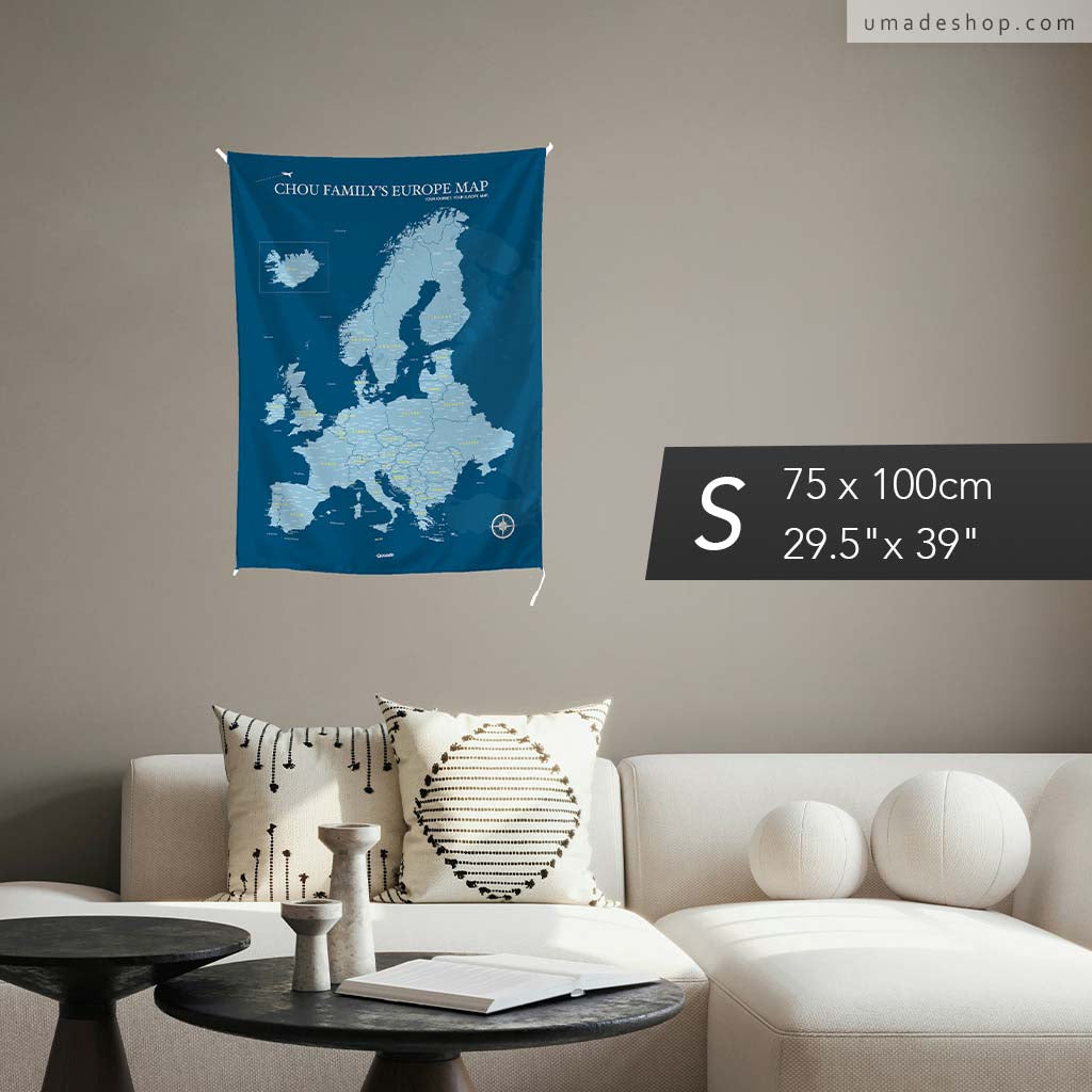 umade-umap-訂製歐洲地圖(壁幔/布)，Ｓ尺寸模擬在客廳沙發的大小