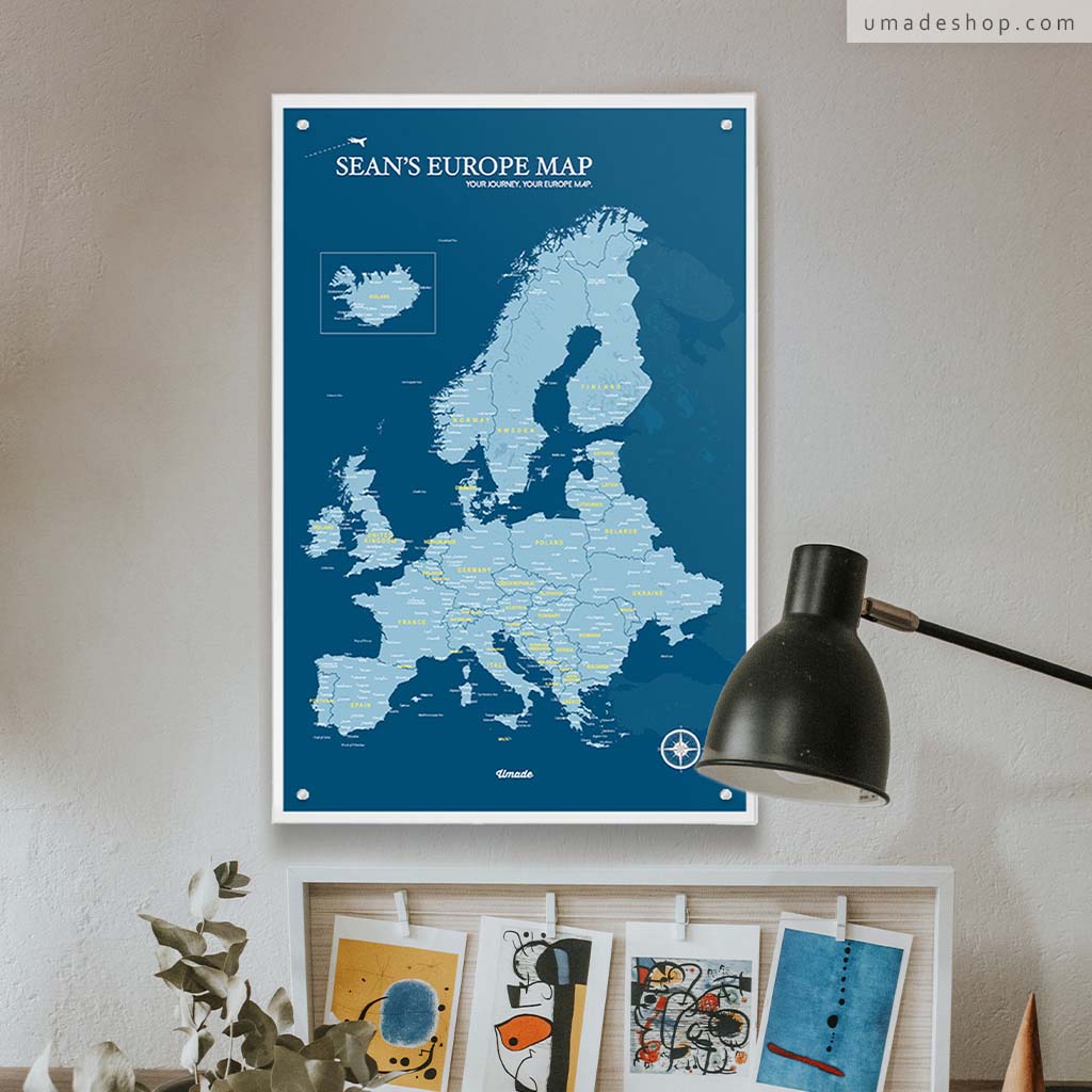 umade-umap-訂製歐洲地圖(IKEA磁吸系列)，普魯士藍款掛於米灰色牆上方，簡約北歐風居家佈置推薦