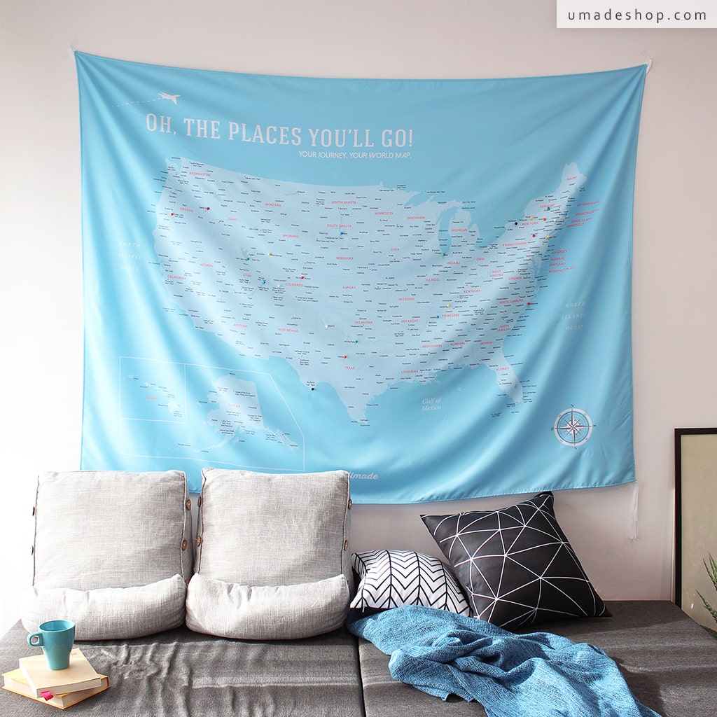 umade-umap-訂製美國地圖(壁幔/布)-寶寶藍色-新居落成佈置，新居送禮推薦，輕鬆打造高質感旅行控的家