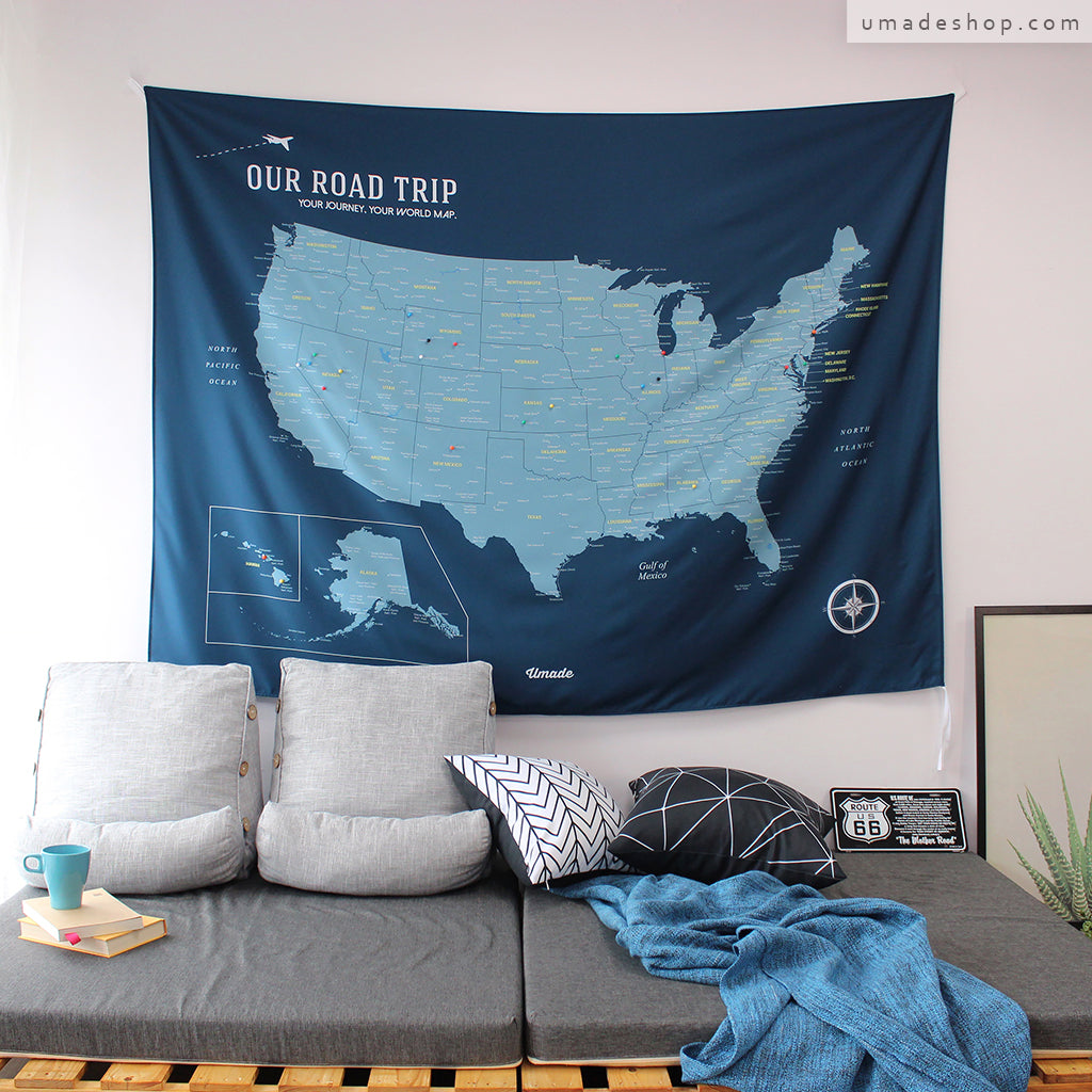 umade-umap-訂製美國地圖(壁幔/布)-隊長藍色-旅行控最愛的居家佈置旅行必備單品，只需一面牆，輕鬆打造簡約質感的家