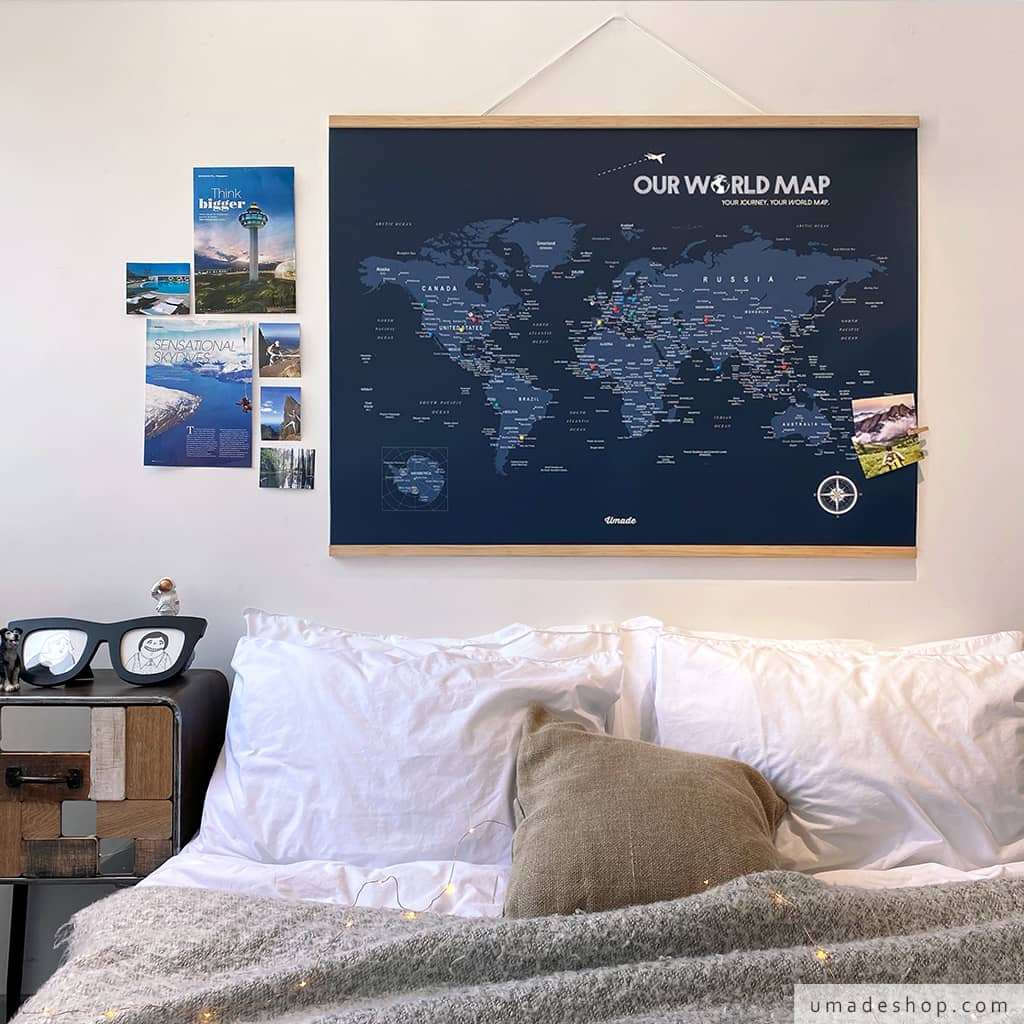 UMap。世界地圖World Map-海軍藍 Navy Blue (實木框海報系列)
