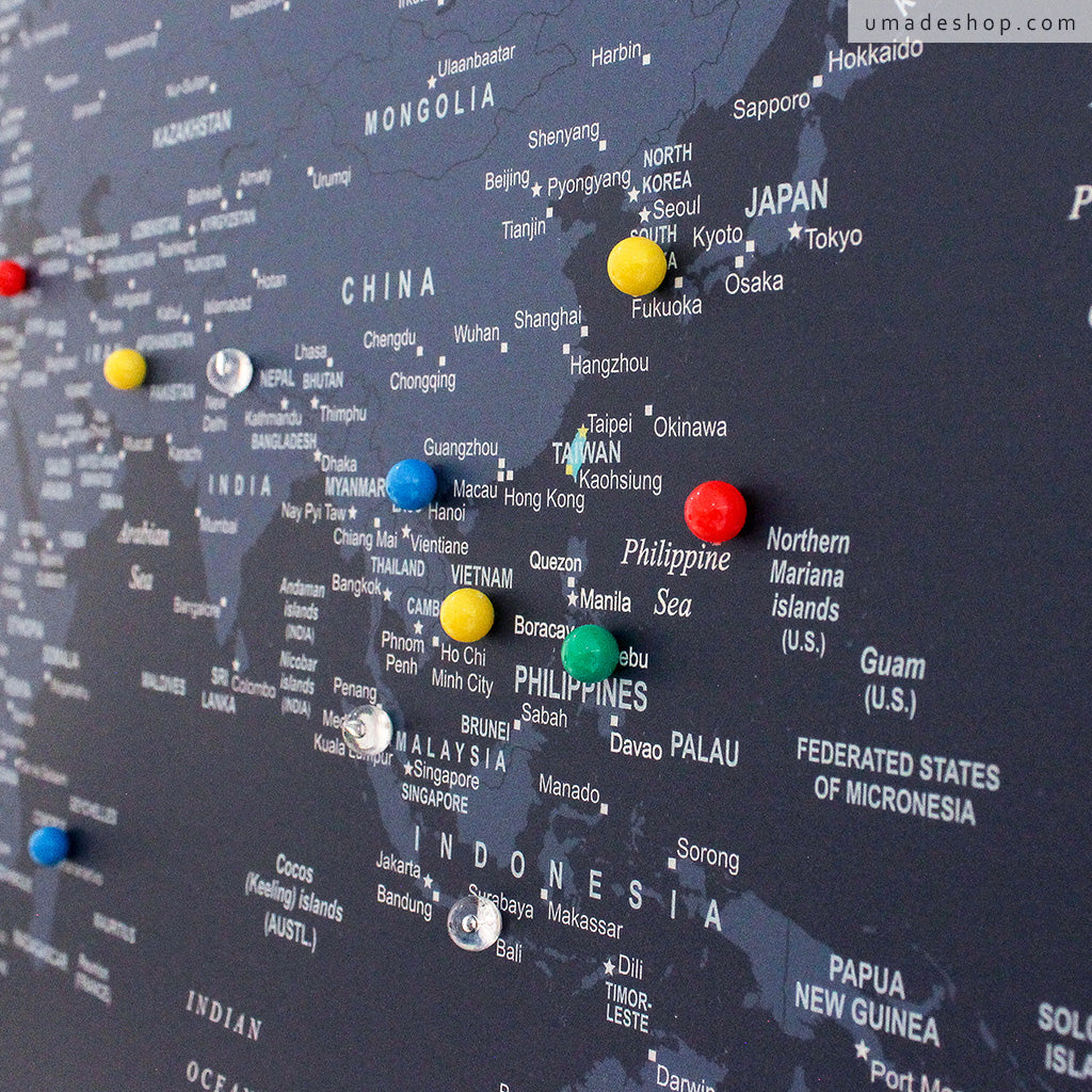 umade-umap-訂製世界地圖(實木框海報)-彩色水晶磁鐵地標-海軍藍色-紀錄你的世界旅行足跡