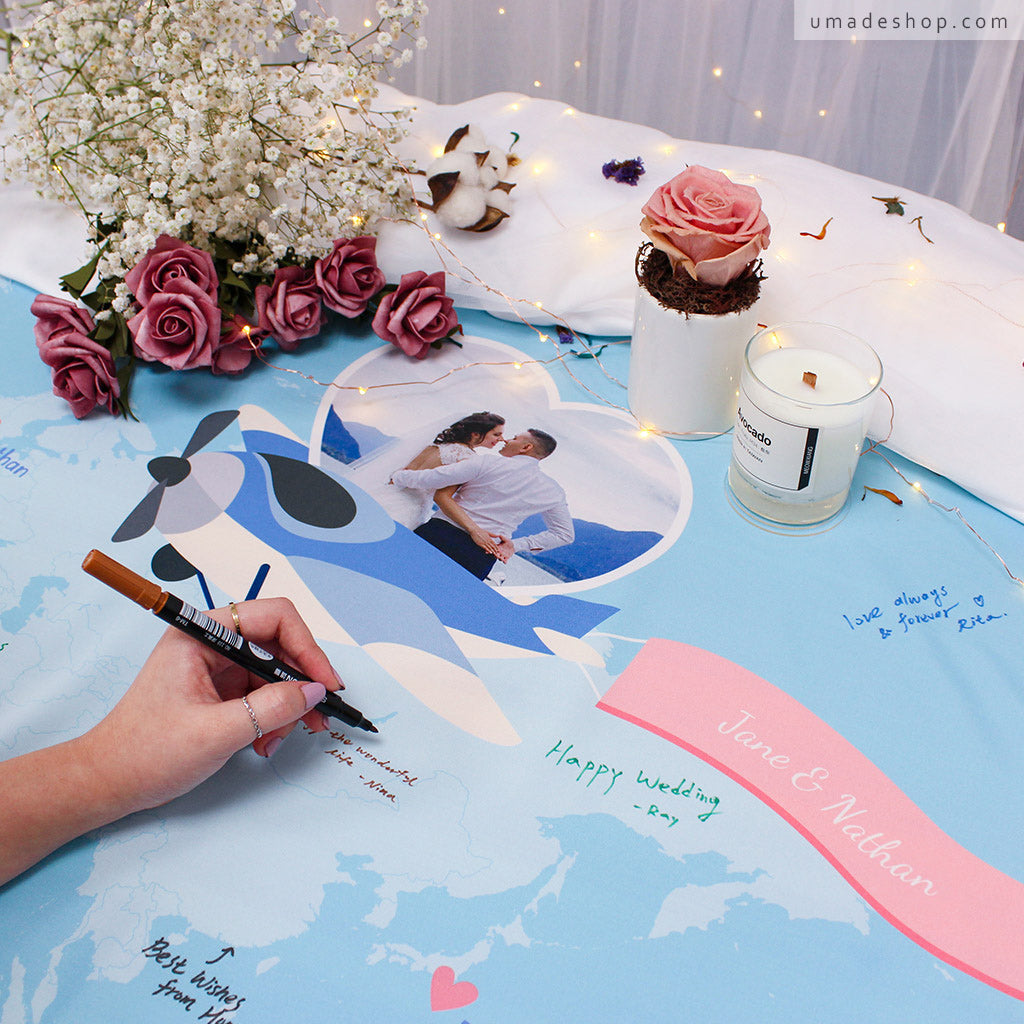 umade-客製化婚禮地圖簽名綢-天空藍-創意賓客簽到設計，位新人留下滿滿的祝福