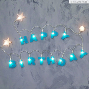 umade-HAPPY-BIRTHDAY字母組合燈串-土耳其藍色-白色-小朋友周歲生日派對佈置