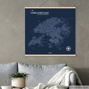 umade-umap-香港地圖(實木框海報)-海軍藍-香港熱門地點、景點與山脈，通通包含在裡面