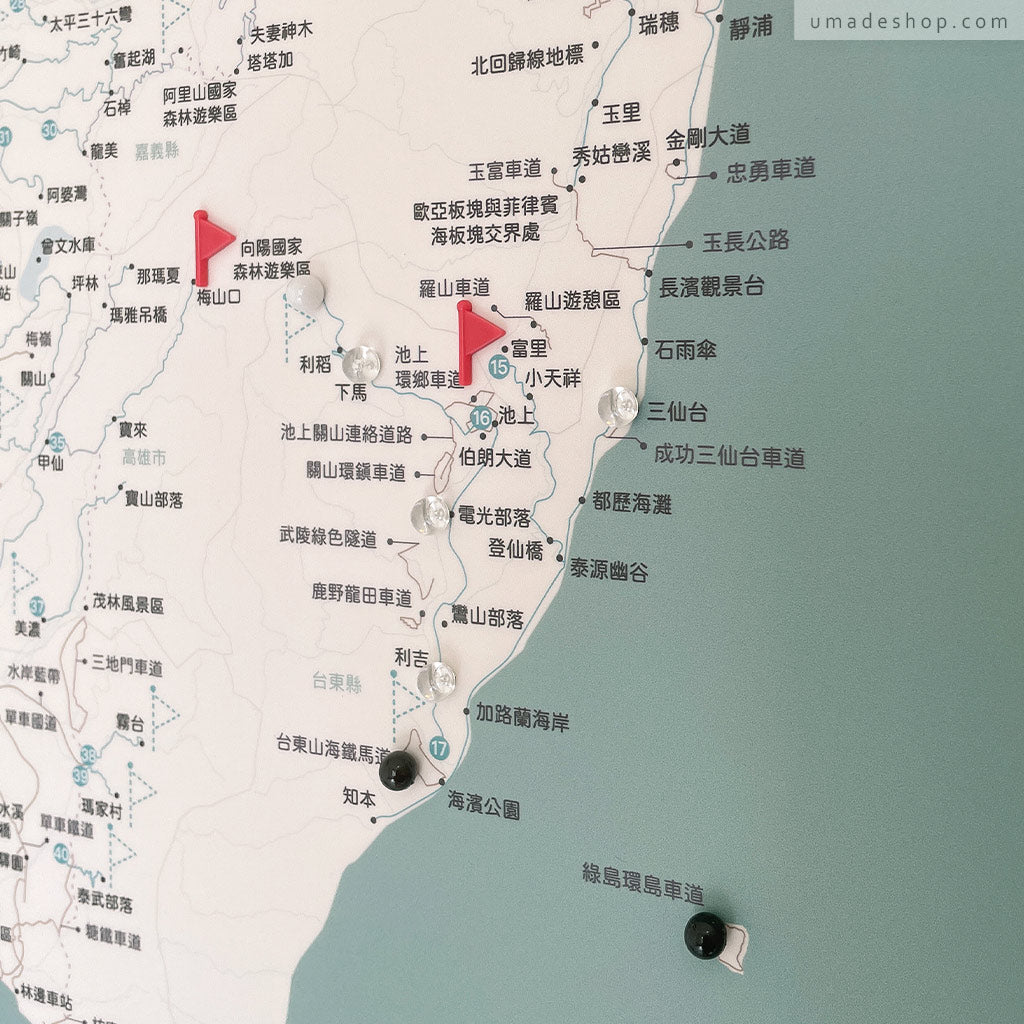 umade-umap-訂製台灣單車地圖(實木框海報)-迷霧綠色-標記旅行騎乘過的地點，紀錄美好回憶