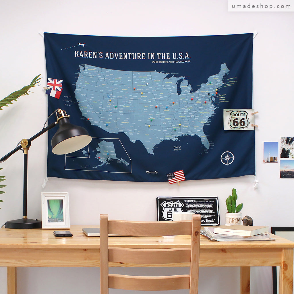 umade-umap-訂製美國地圖(壁幔/布)-隊長藍色-書桌和個人工作室空間佈置靈感，旅行佈置單品讓眼前空間變得質感又獨特