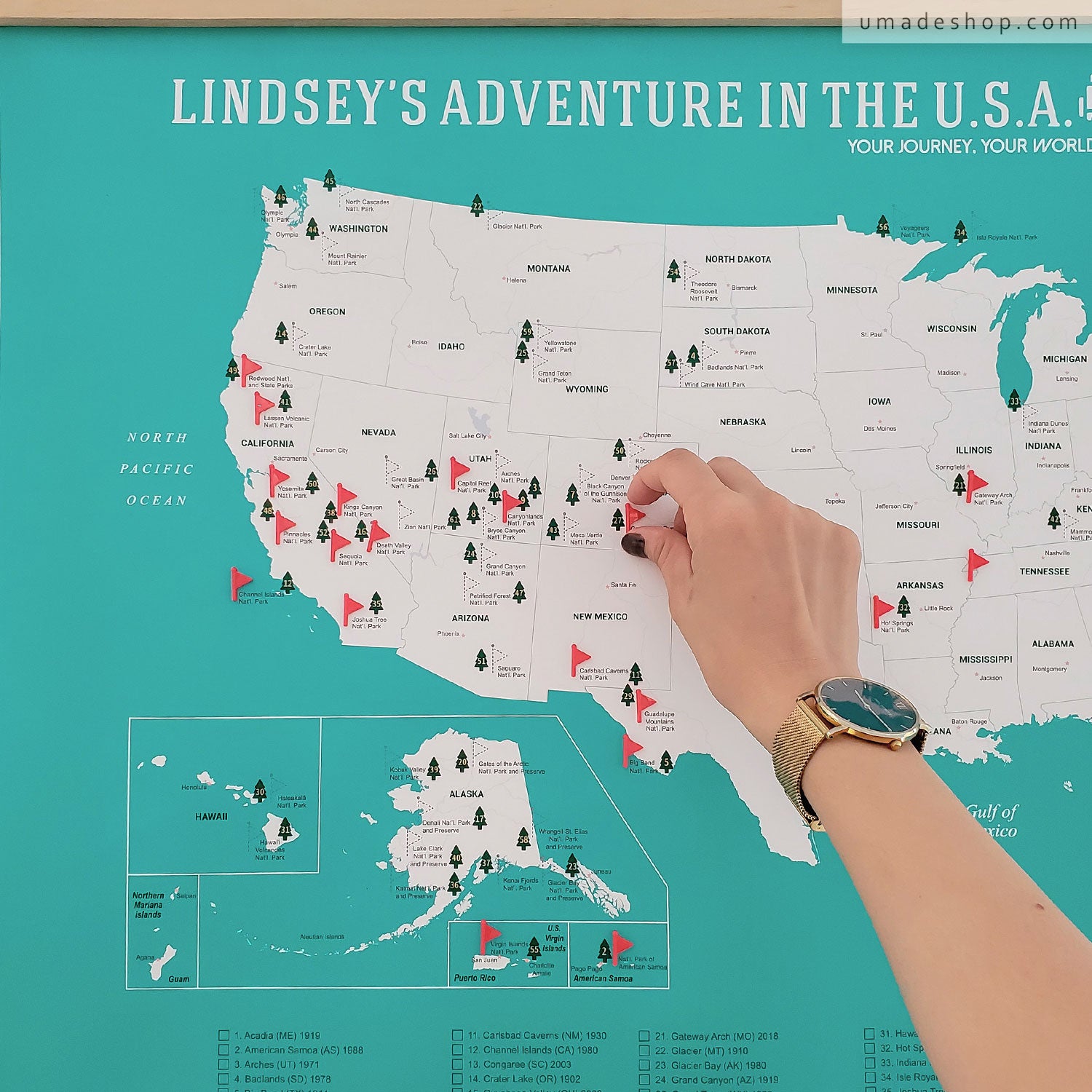 umade-umap-美國國家公園插旗訂製地圖(實木框海報系列)-湖水綠色-旅行足跡、旅行回憶，通通能記錄在上面，還可以規劃接下來的旅遊行程