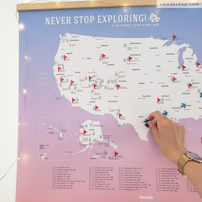 umade-umap-美國國家公園插旗訂製地圖(實木框海報系列)-輕柔粉色-旅行控的禮物推薦，紀錄標註旅行足跡及回憶和規劃即將到來的旅程