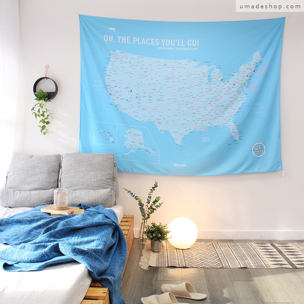 umade-umap-訂製美國地圖(壁幔/布)-寶寶藍色-小資女租屋處改造計畫，最強單品輕鬆打造一個旅行控的家